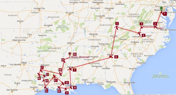 The route for Season 1. Names of places are next to the episodes' titles.